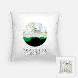 Traverse City Michigan city skyline with vintage Traverse City map - Pillow | Square - City Map Skyline