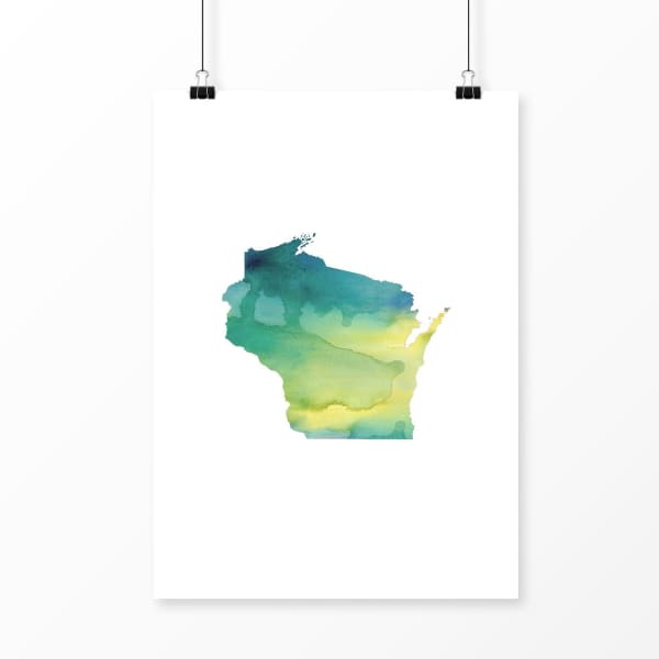 Wisconsin state watercolor - 5x7 Unframed Print / Yellow + Teal - State Watercolor