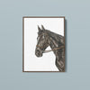 a picture of a horse with a bridle hanging on a wall