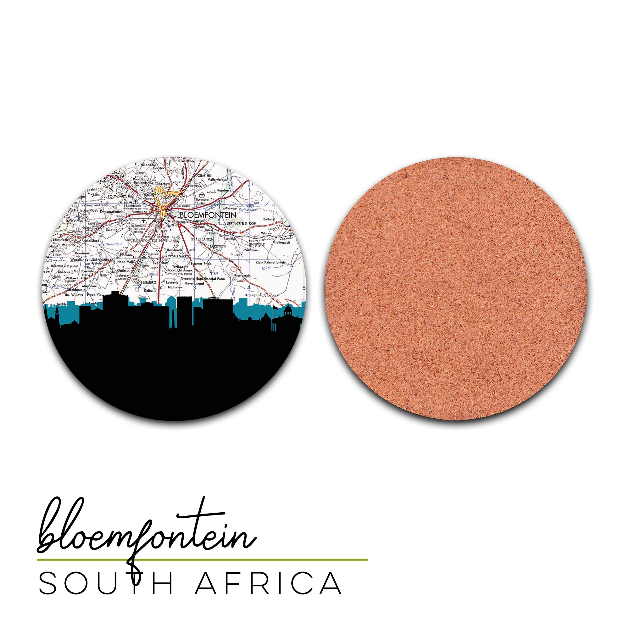 a round cork coaster with a map of the city of south africa