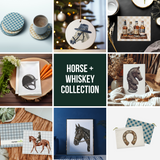 a collage of photos of horse and whiskey related items