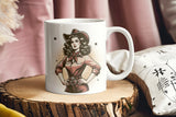 a white coffee mug with a picture of a woman on it