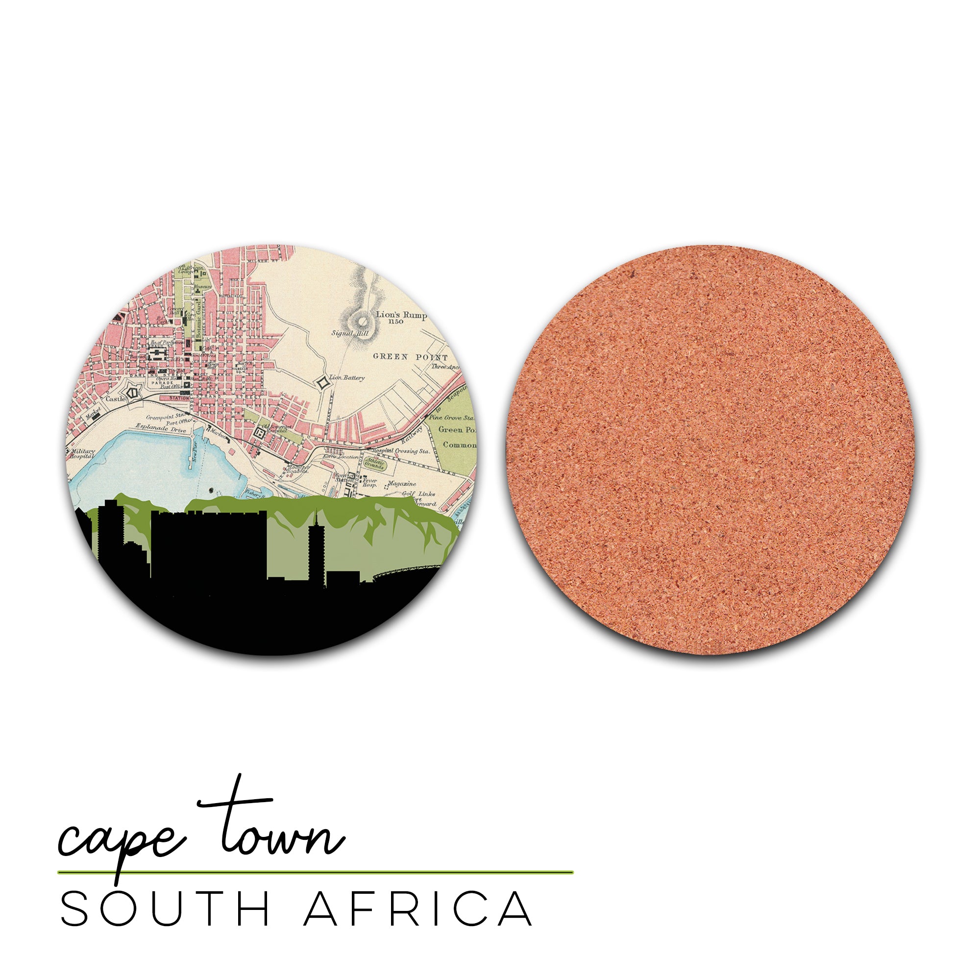 two cork coasters with a map of cape town and a map of south africa