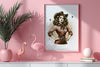 a pink room with a flamingo and a picture of a woman