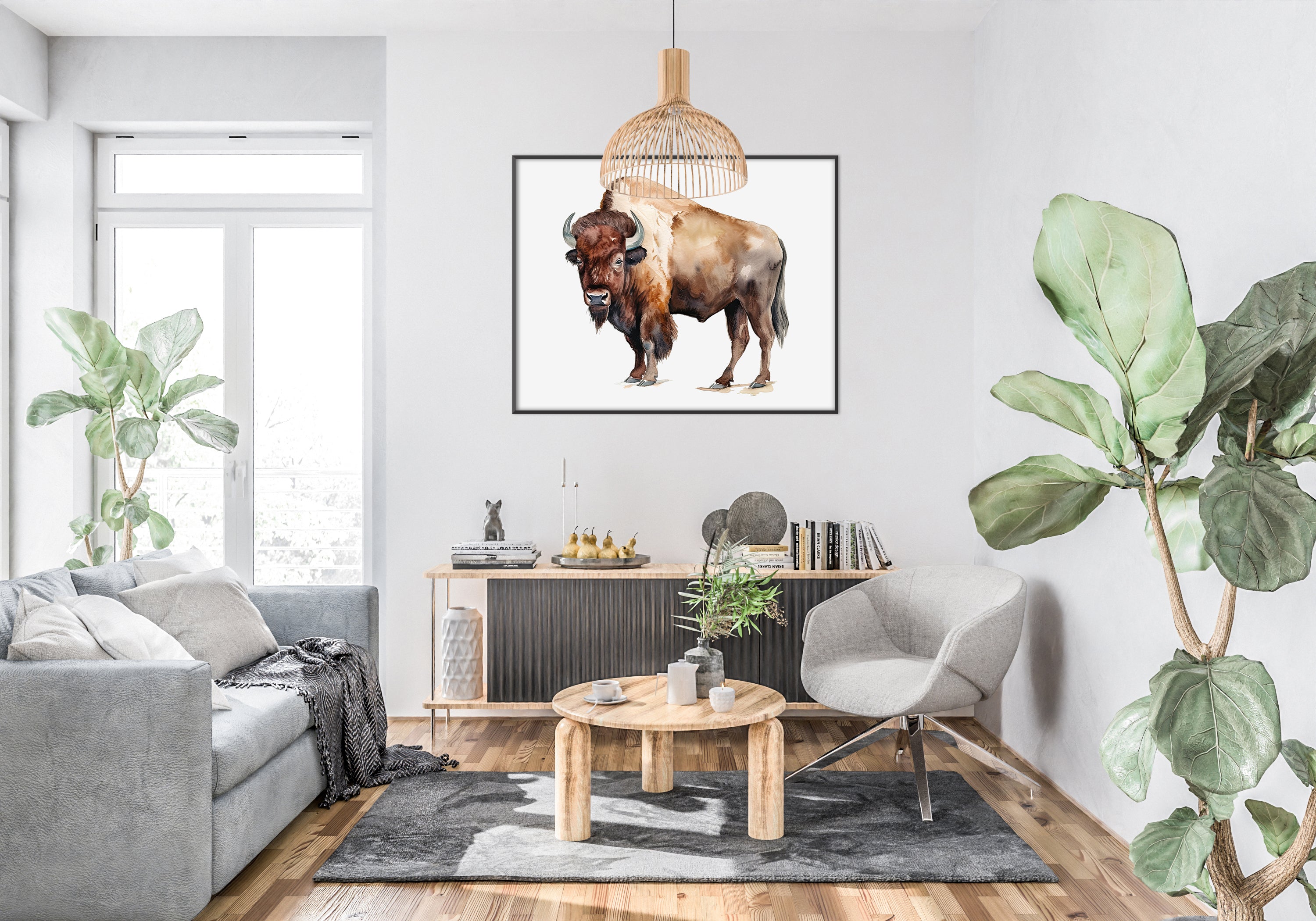 a living room filled with furniture and a painting on the wall