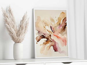 a vase with a plant and a painting on a shelf