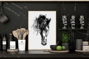 a picture of a horse on a black wall