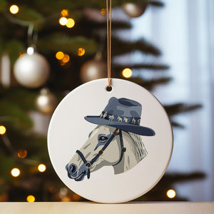 a christmas ornament with a horse wearing a hat