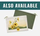 a pair of sunflowers on a green background with the words also available