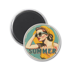 a round magnet with a woman wearing sunglasses