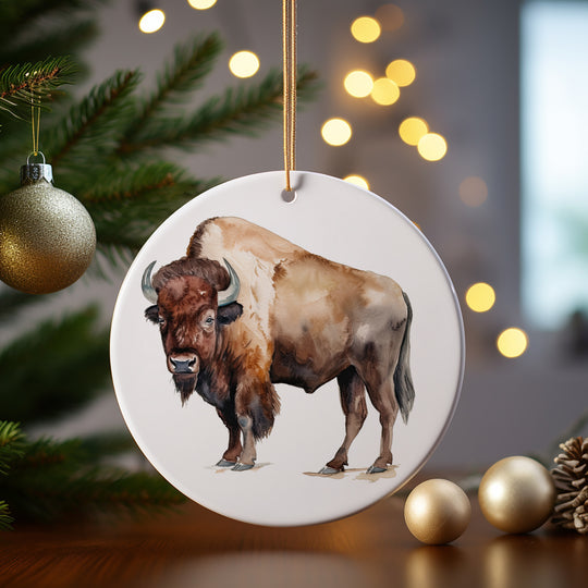 a ceramic bison ornament hanging from a christmas tree