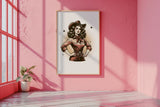 a pink wall with a picture of a woman in a cowboy hat