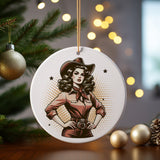 a christmas ornament with a picture of a woman wearing a cowboy hat