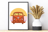 a picture of a vw bus on a shelf next to a vase