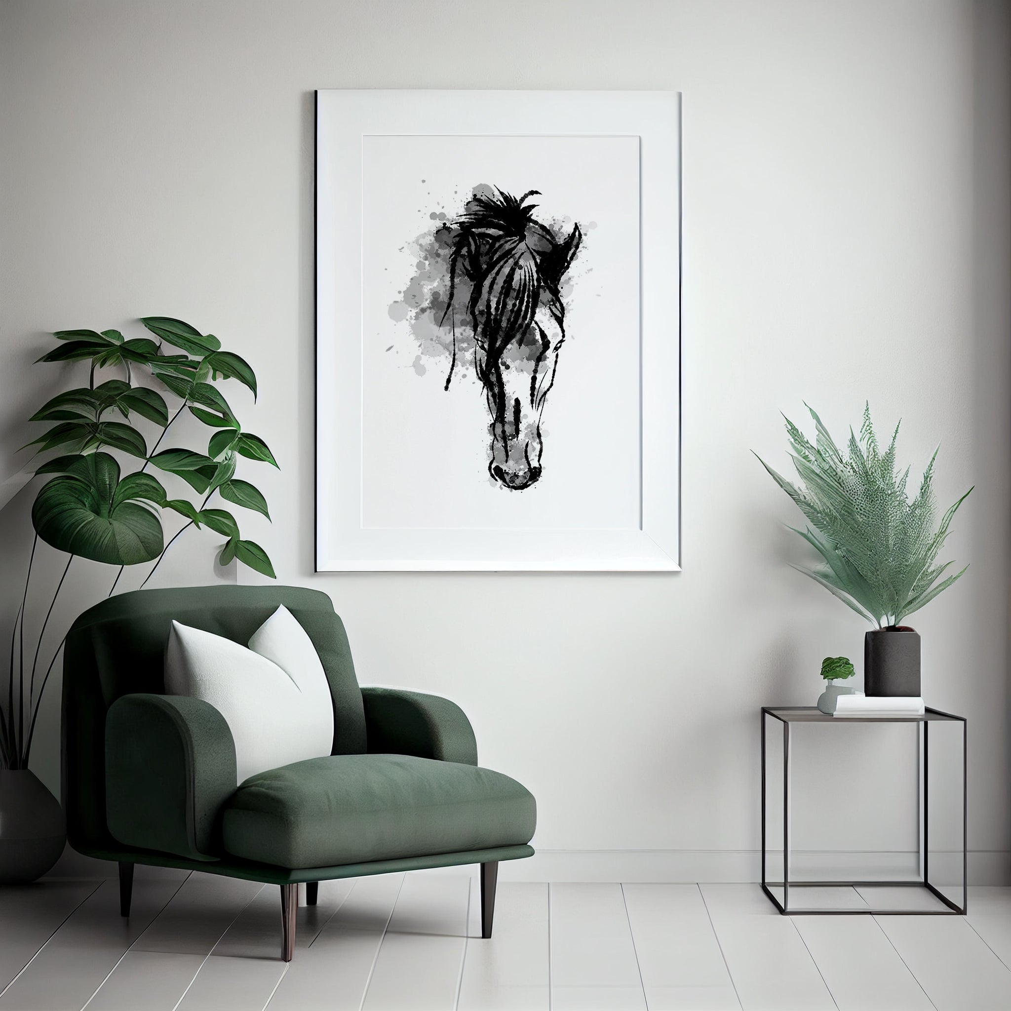 a living room with a green chair and a picture of a horse