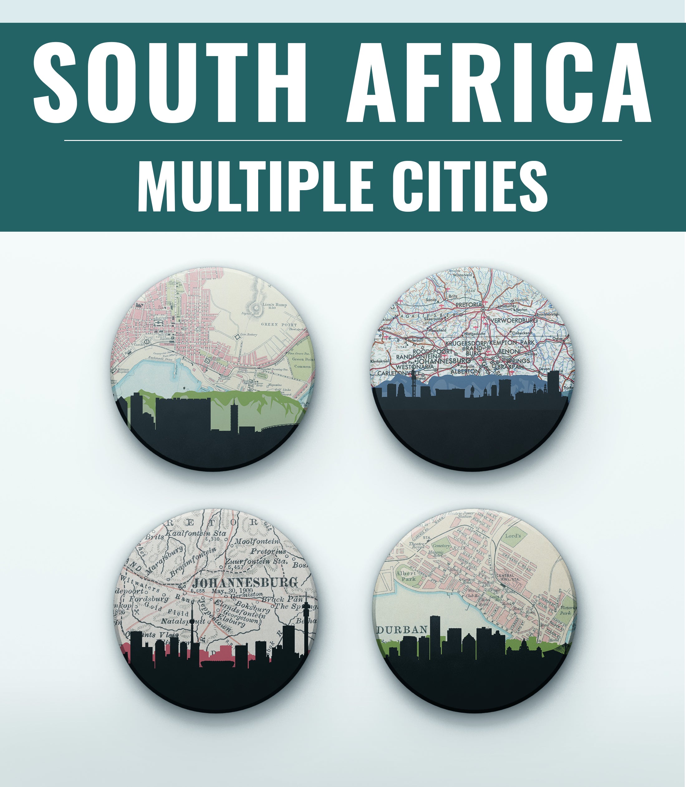 three buttons with a map of south africa on them