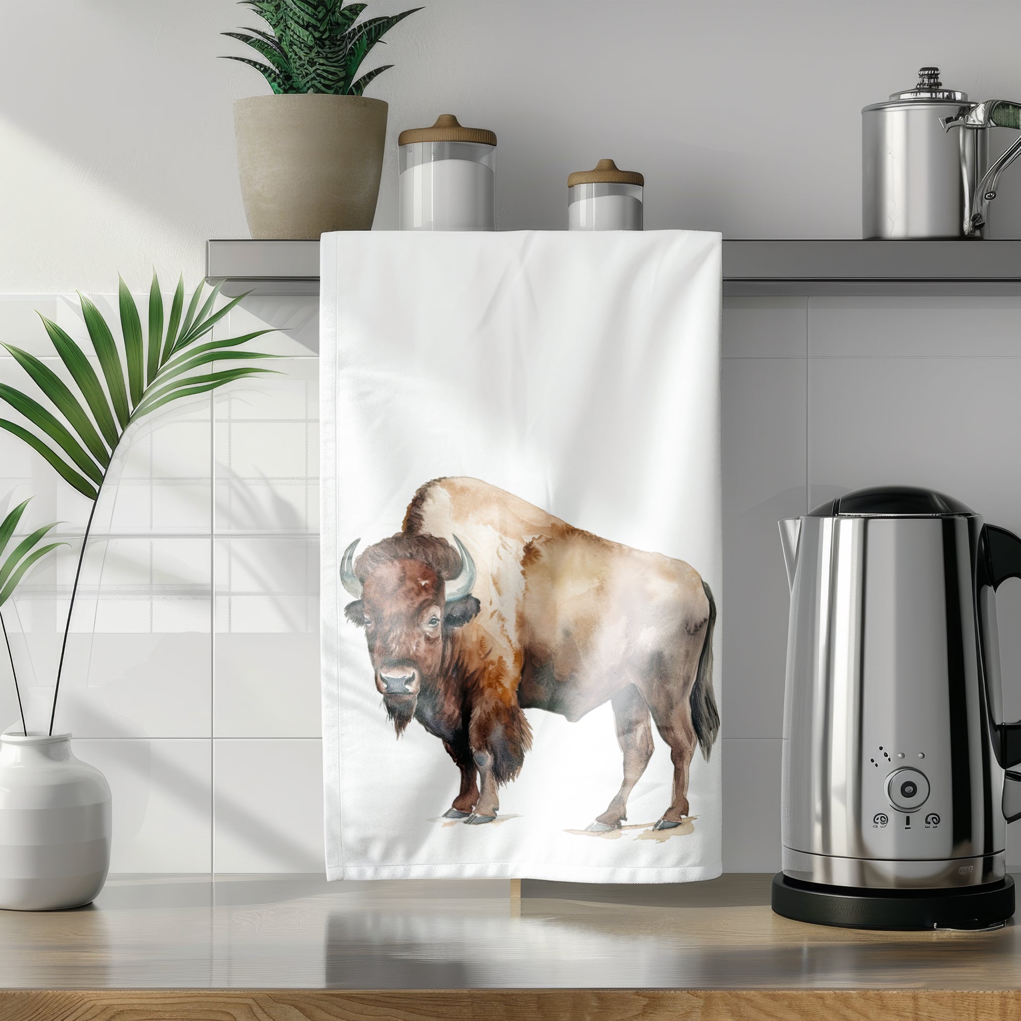 a towel hanging on a wall next to a potted plant