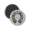 a blue and white checkered background with a rusty horseshoe magnet