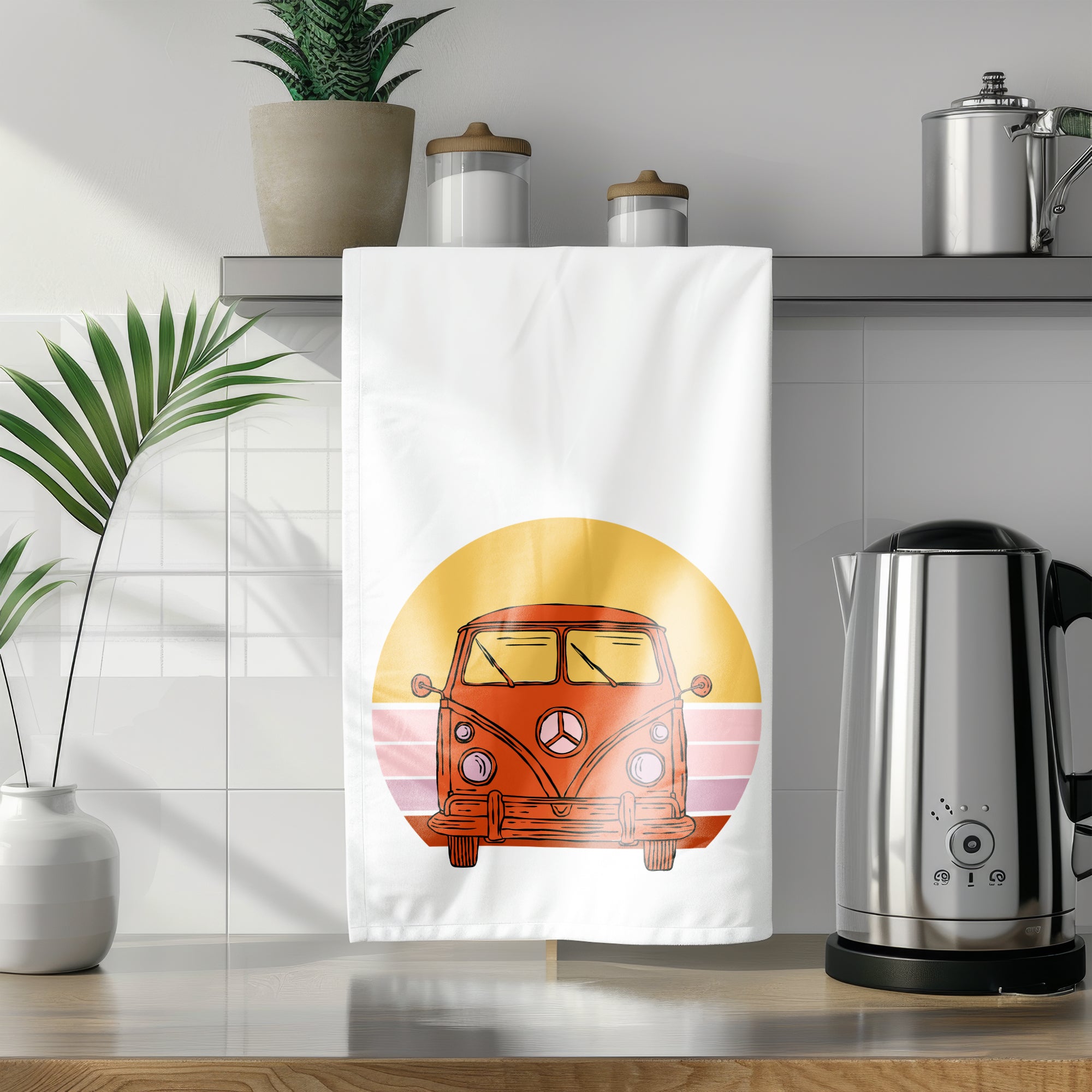 a tea towel with a vw bus on it