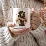 a woman holding a coffee mug with a picture of a woman on it