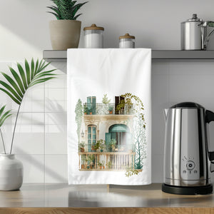 a tea towel with a picture of a house on it