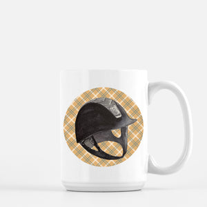 a coffee mug with a picture of a helmet on it