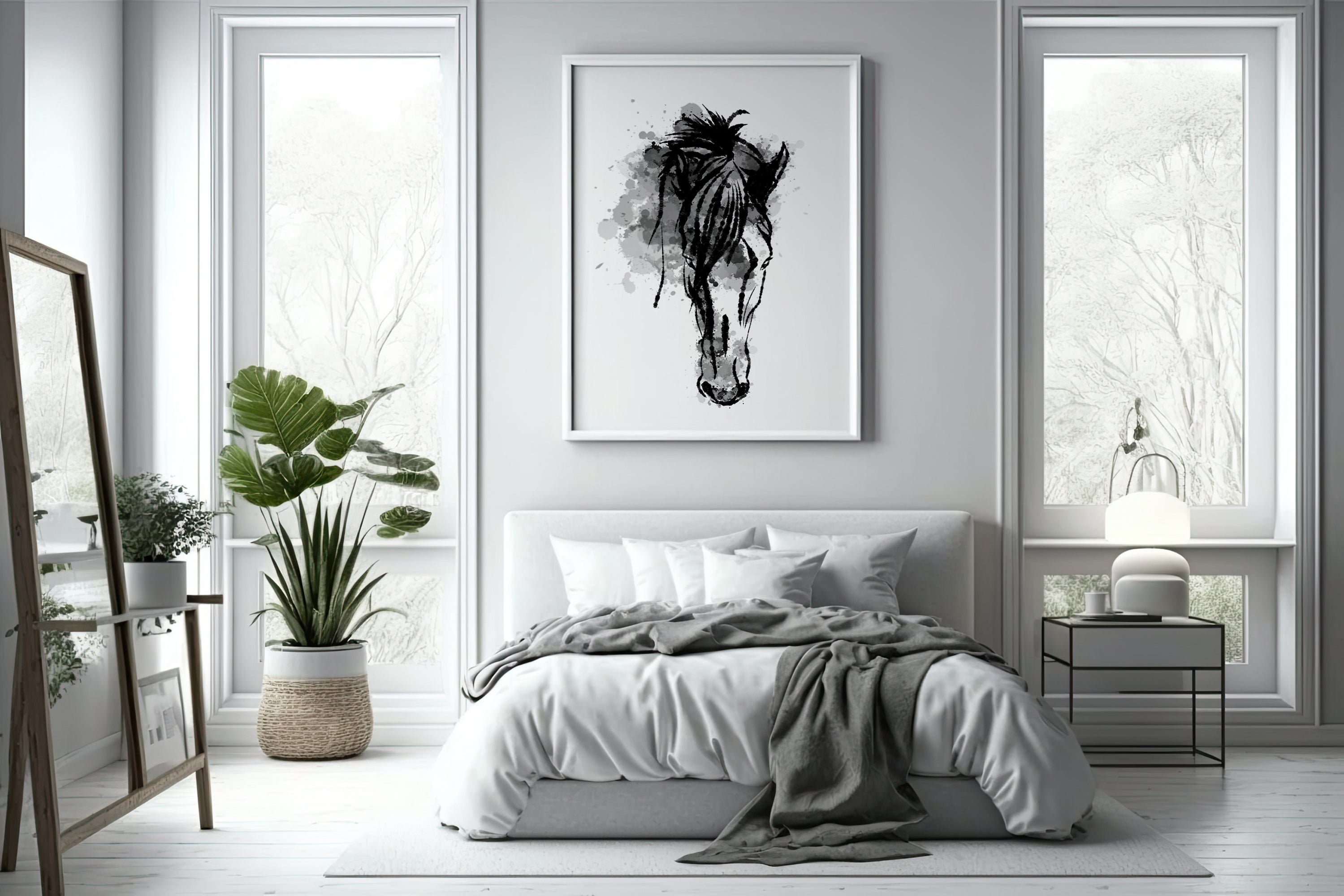 a bedroom with a bed and a painting on the wall