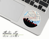 Atlantic City, New Jersey map and skyline vinyl sticker, a circular city map with the skyline in silhouette