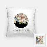 Albuquerque, New Mexico map and skyline pillow, a circular city map with the skyline in silhouette