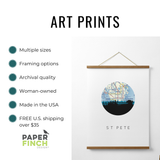 Description of Art Prints sold by Paperfinch Design, including multiple sizes, framing options, archival quality, and woman-owned