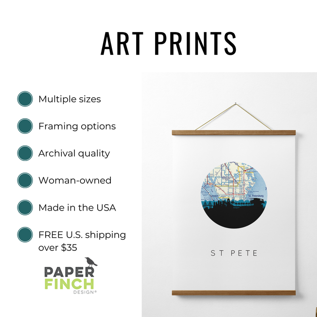 Description of Art Prints sold by Paperfinch Design, including multiple sizes, framing options, archival quality, and woman-owned