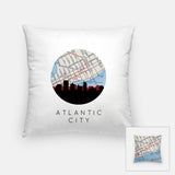 Atlantic City, New Jersey map and skyline pillow, a circular city map with the skyline in silhouette