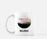 Billings, Montana map and skyline mug, a circular city map with the skyline in silhouette