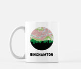 Binghamton, New York map and skyline mug, a circular city map with the skyline in silhouette