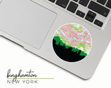 Binghamton, New York map and skyline vinyl sticker, a circular city map with the skyline in silhouette