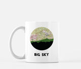Big Sky, Montana map and skyline mug, a circular city map with the skyline in silhouette