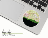 Big Sky, Montana map and skyline vinyl sticker, a circular city map with the skyline in silhouette