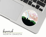 Bismarck, North Dakota map and skyline vinyl sticker, a circular city map with the skyline in silhouette