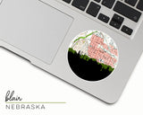 Blair, Nebraska map and skyline vinyl sticker, a circular city map with the skyline in silhouette
