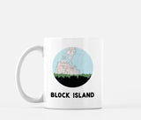 Block Island, Rhode Island map and skyline mug, a circular city map with the skyline in silhouette