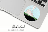 Block Island, Rhode Island map and skyline vinyl sticker, a circular city map with the skyline in silhouette