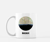 Bronx, New York map and skyline mug, a circular city map with the skyline in silhouette