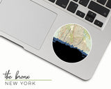 Bronx, New York map and skyline vinyl sticker, a circular city map with the skyline in silhouette