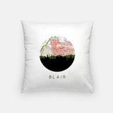Blair, Nebraska map and skyline pillow, a circular city map with the skyline in silhouette