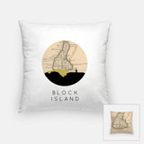 Block Island, Rhode Island map and skyline pillow, a circular city map with the skyline in silhouette