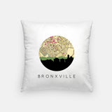 Bronxville, New York map and skyline pillow, a circular city map with the skyline in silhouette