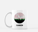 Camden, New Jersey map and skyline mug, a circular city map with the skyline in silhouette