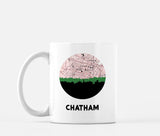Chatham, New Jersey map and skyline mug, a circular city map with the skyline in silhouette