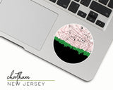 Chatham, New Jersey map and skyline vinyl sticker, a circular city map with the skyline in silhouette