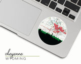 Cheyenne, Wyoming map and skyline vinyl sticker, a circular city map with the skyline in silhouette